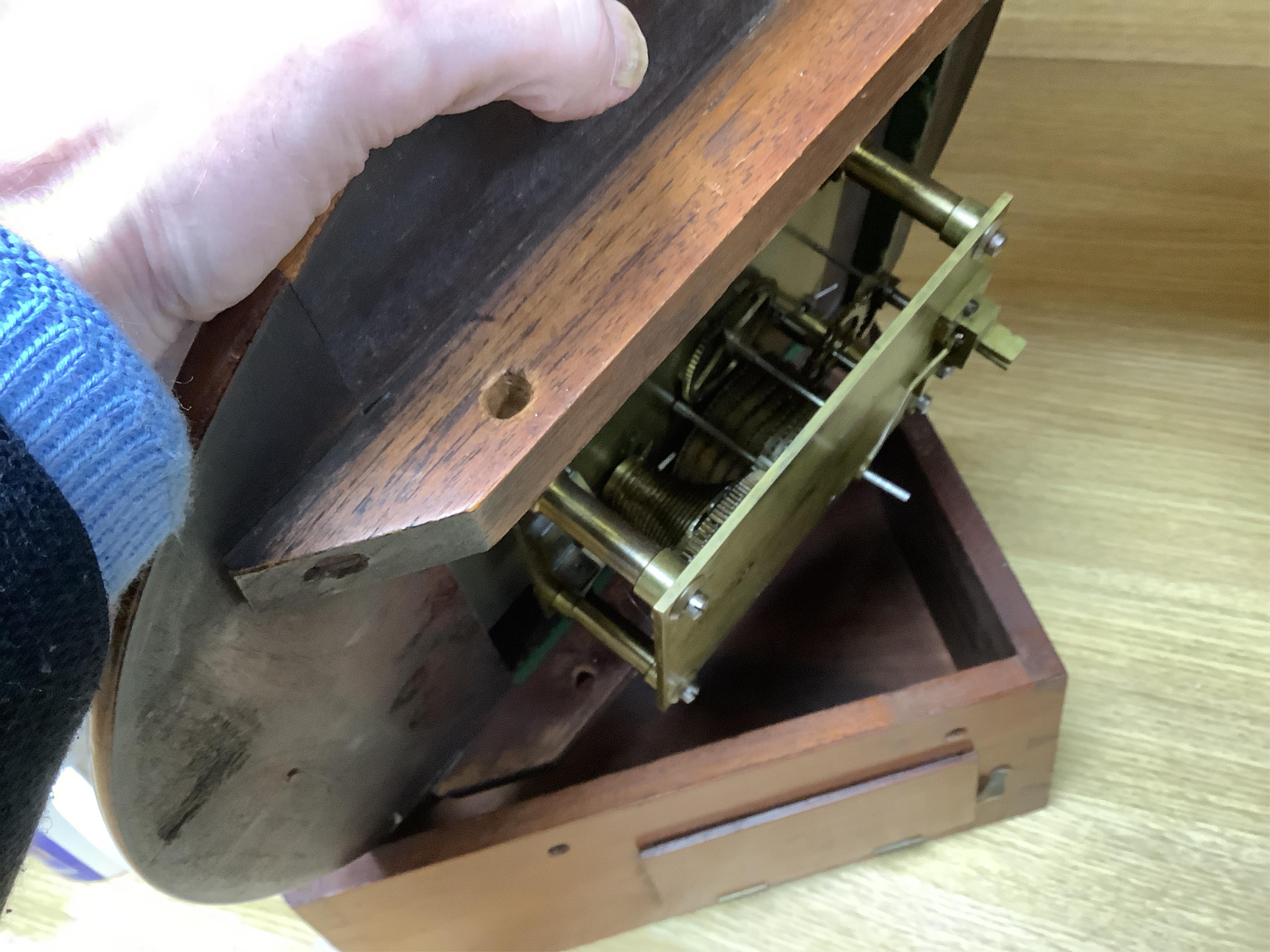 A circular dial mahogany cased wall clock with a single train fusee movement, painted dial reading Wilmshurst, Chichester, 39cm in diameter